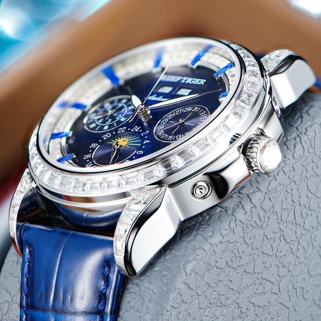 Reef Tiger MoonPhase Automatic Watch – Blue Dial