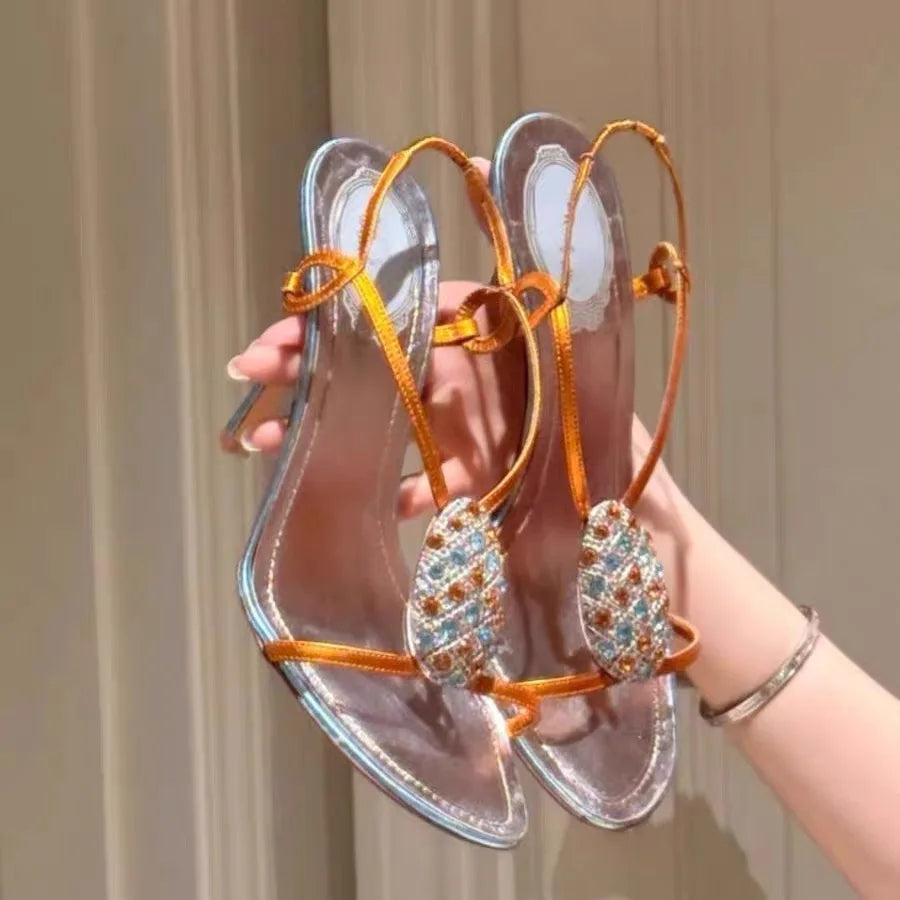 Orange Satin Rhinestone Stiletto Sandals