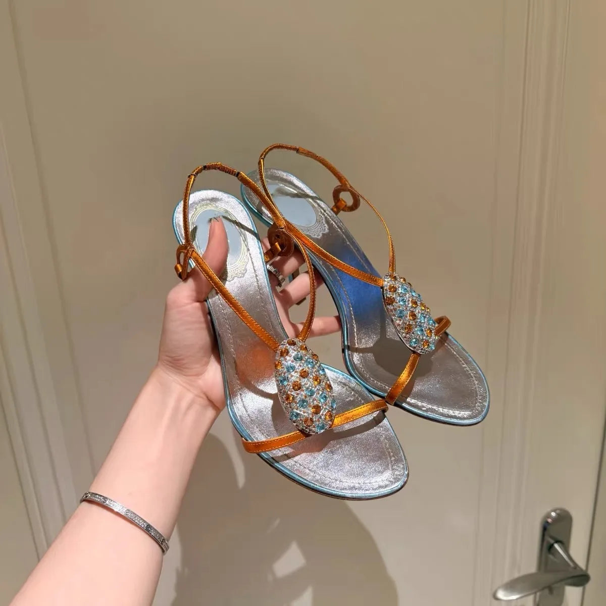 Orange Satin Rhinestone Stiletto Sandals