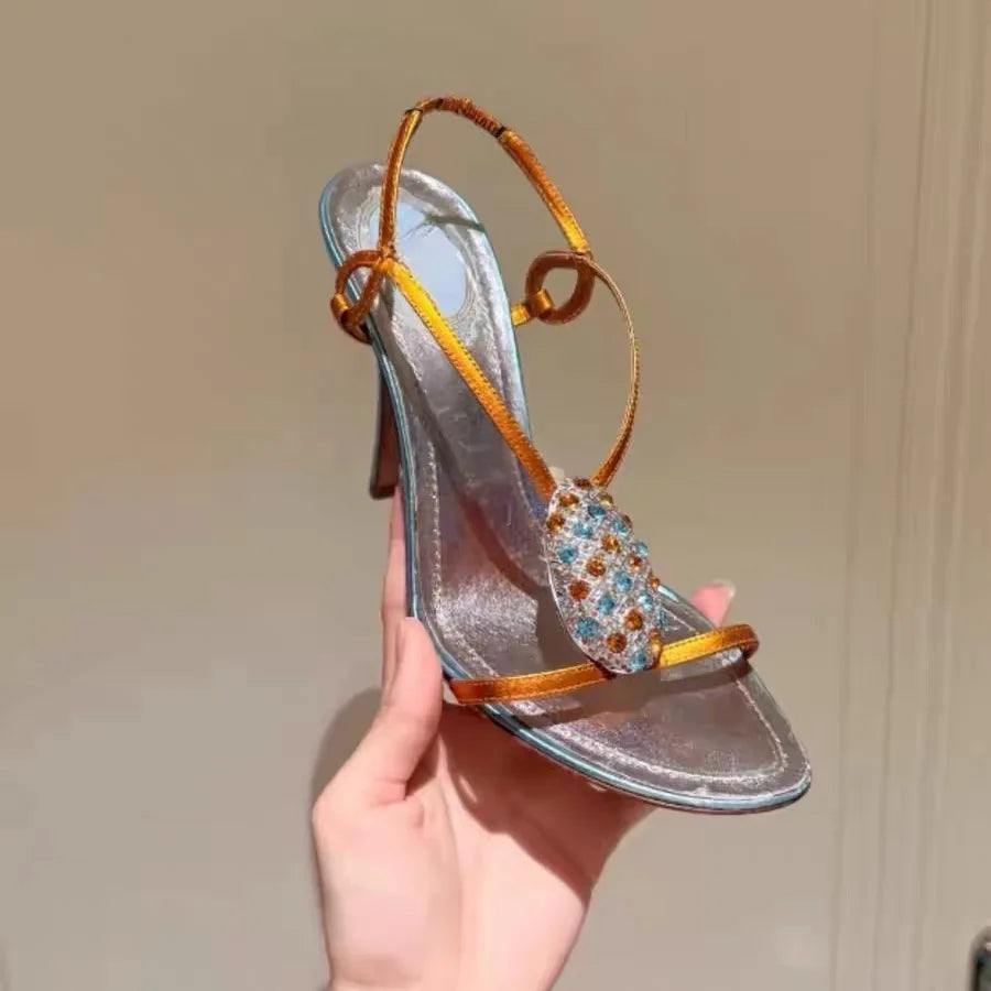 Orange Satin Rhinestone Stiletto Sandals