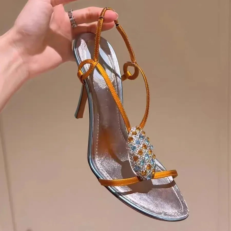 Orange Satin Rhinestone Stiletto Sandals