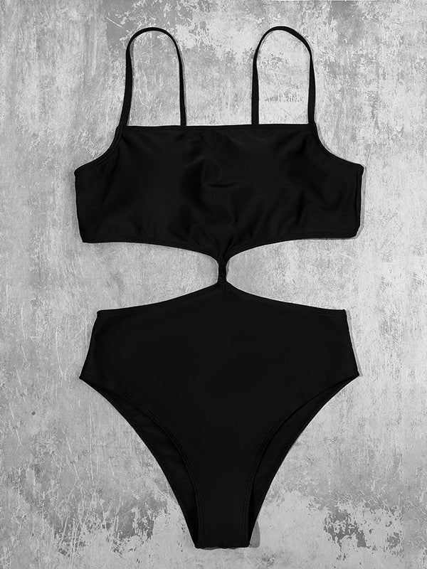 Solid Color Stitching Cut-Out Swimsuit