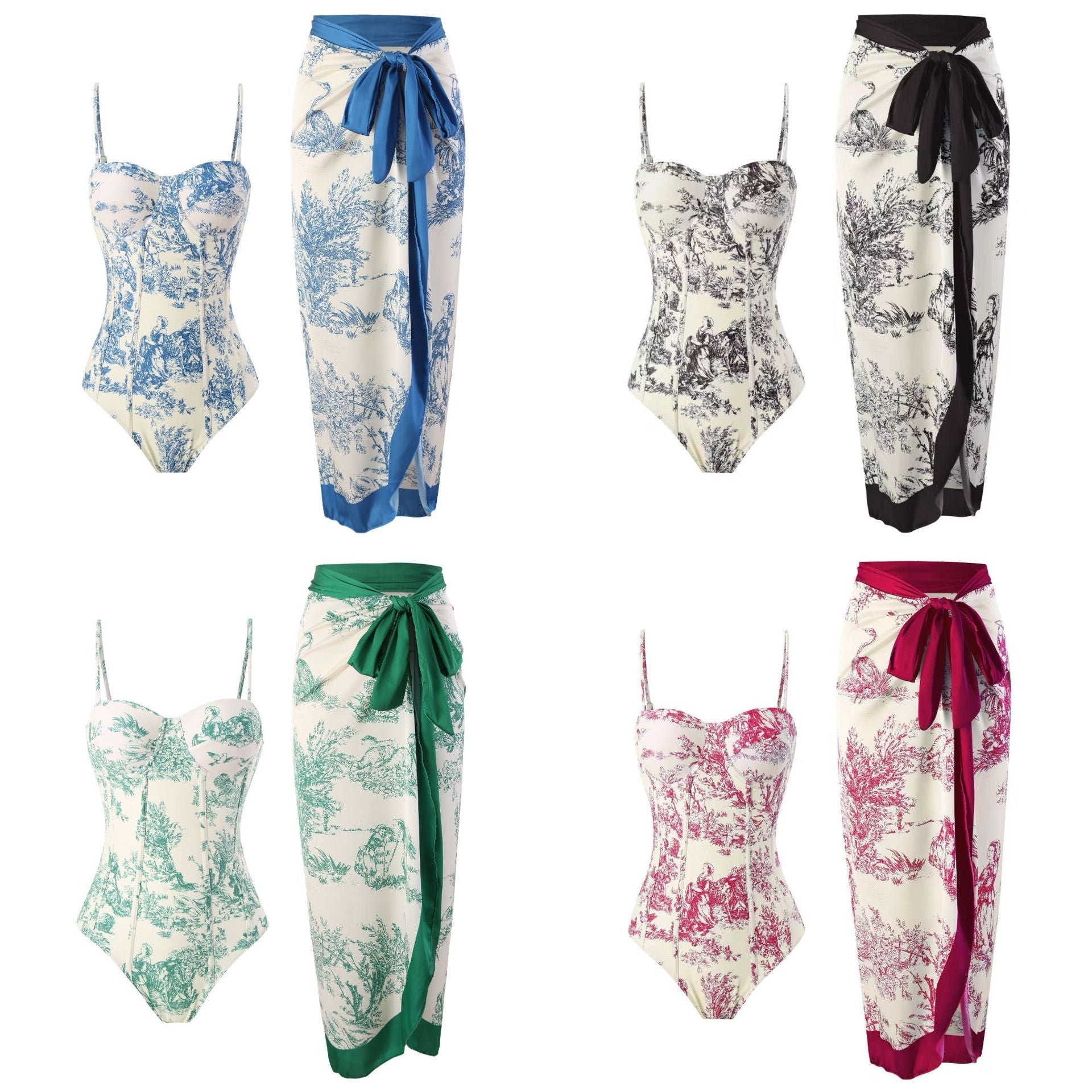 Retro Floral Swimsuit & Skirt Set