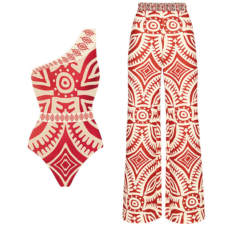 One-Shoulder Ethnic Print Swimsuit Suit