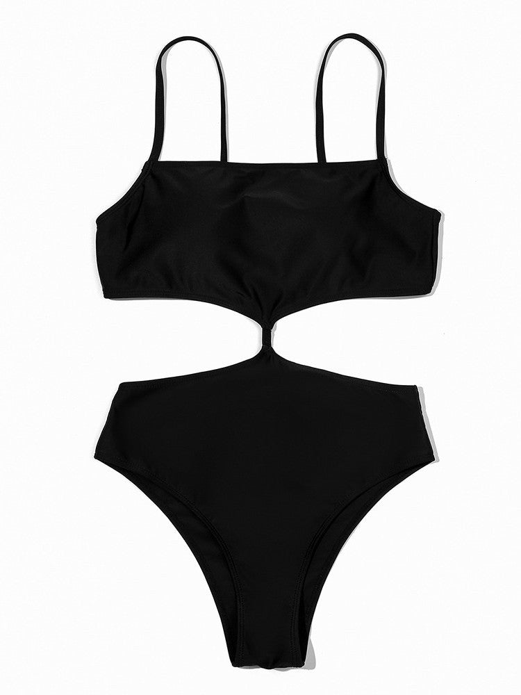 Solid Color Stitching Cut-Out Swimsuit