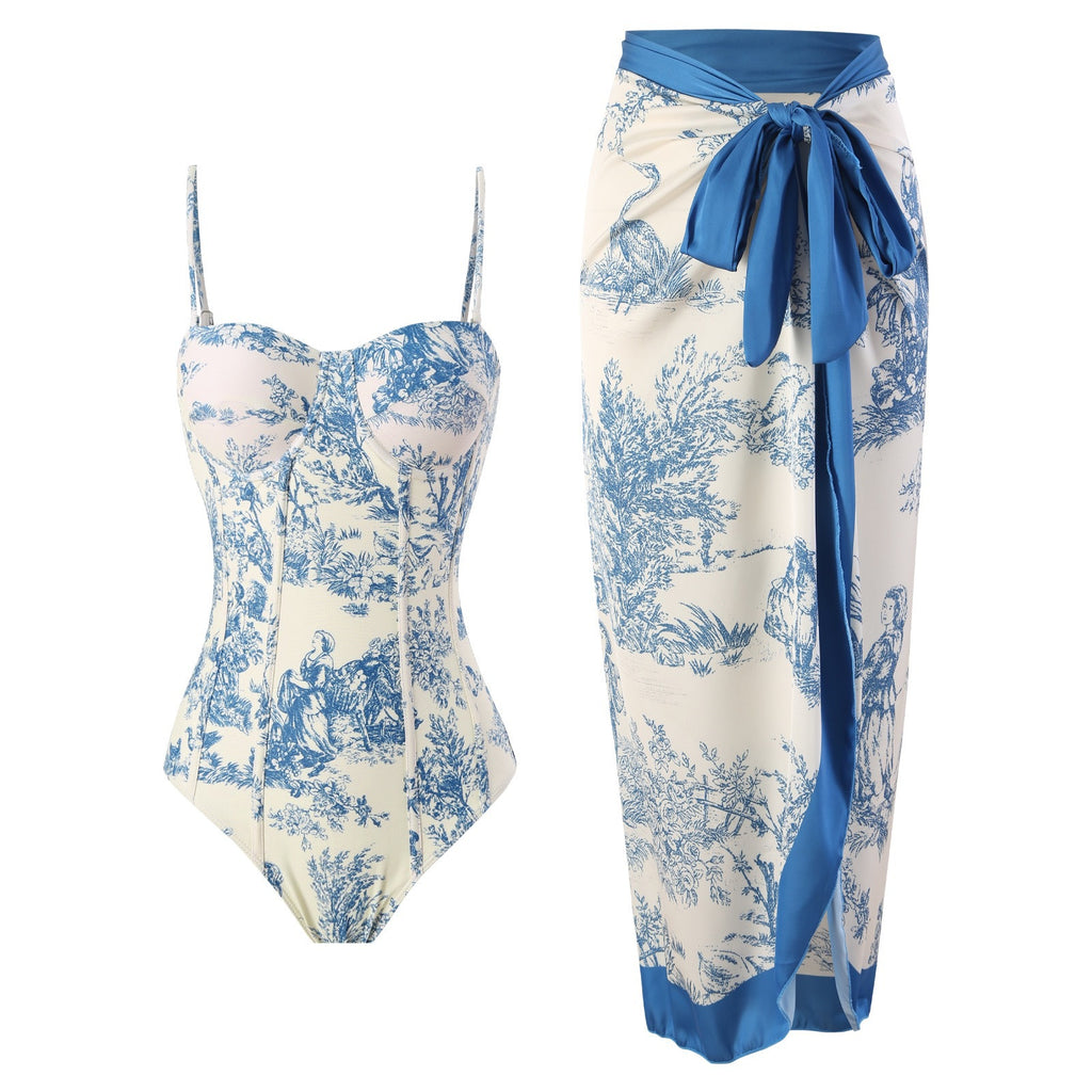 Retro Floral Swimsuit & Skirt Set