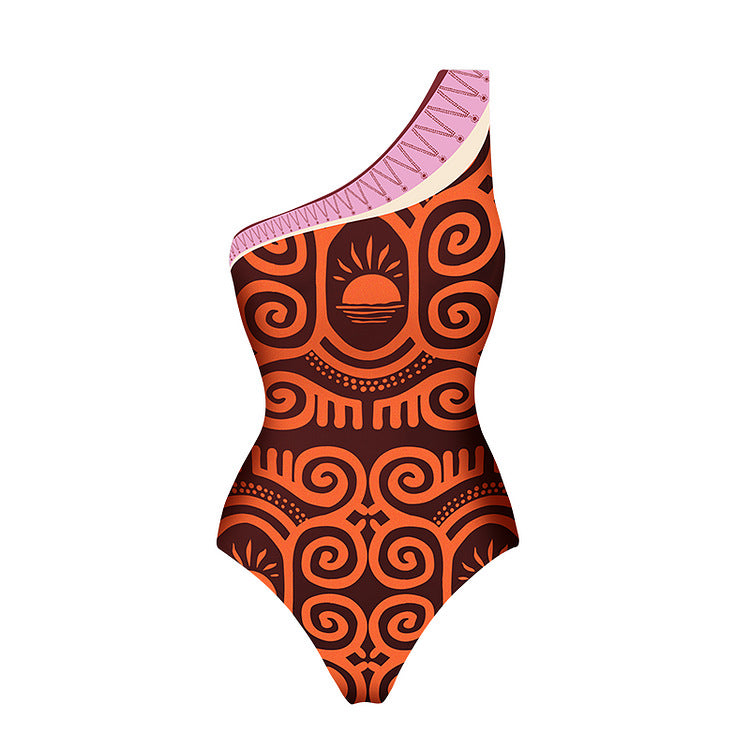 One-Shoulder Ethnic Print Swimsuit Suit