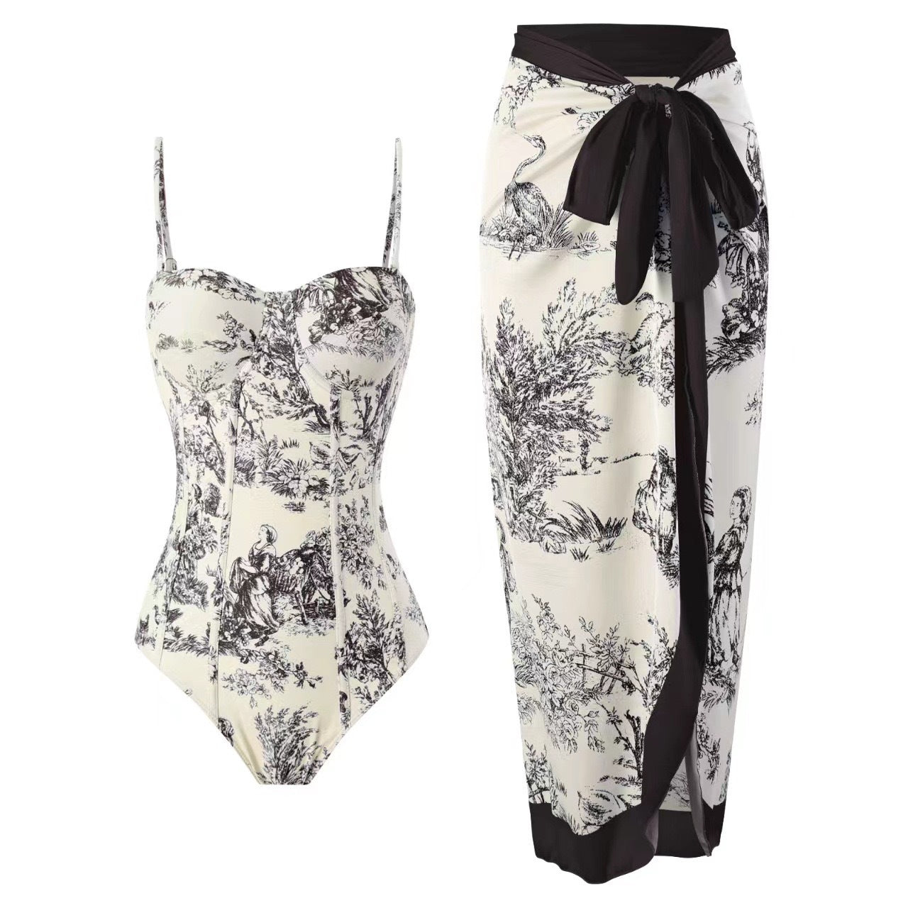 Retro Floral Swimsuit & Skirt Set