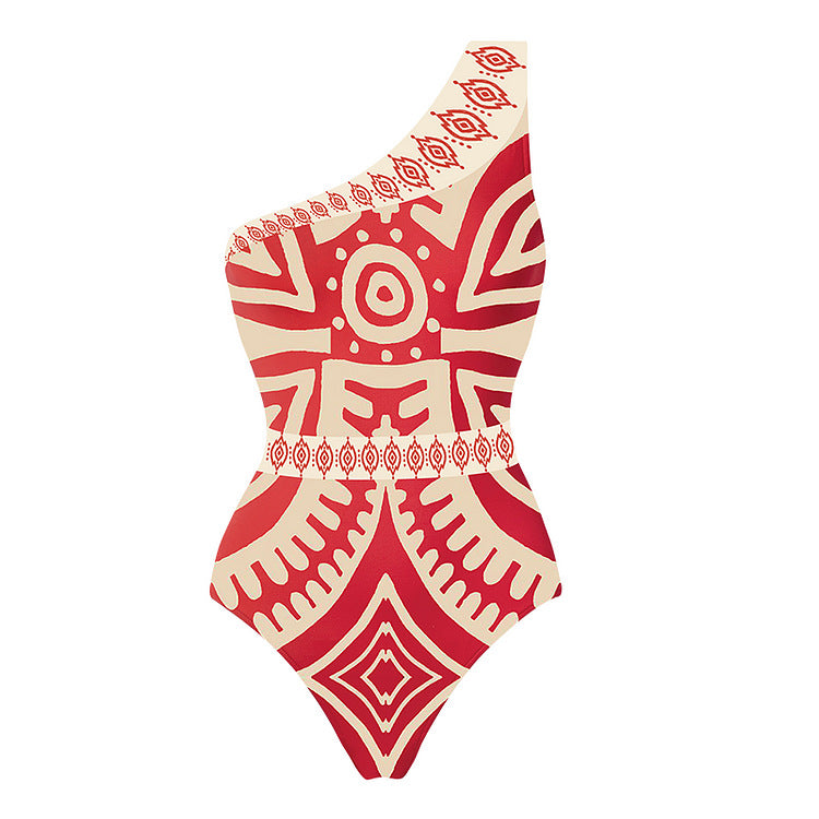 One-Shoulder Ethnic Print Swimsuit Suit