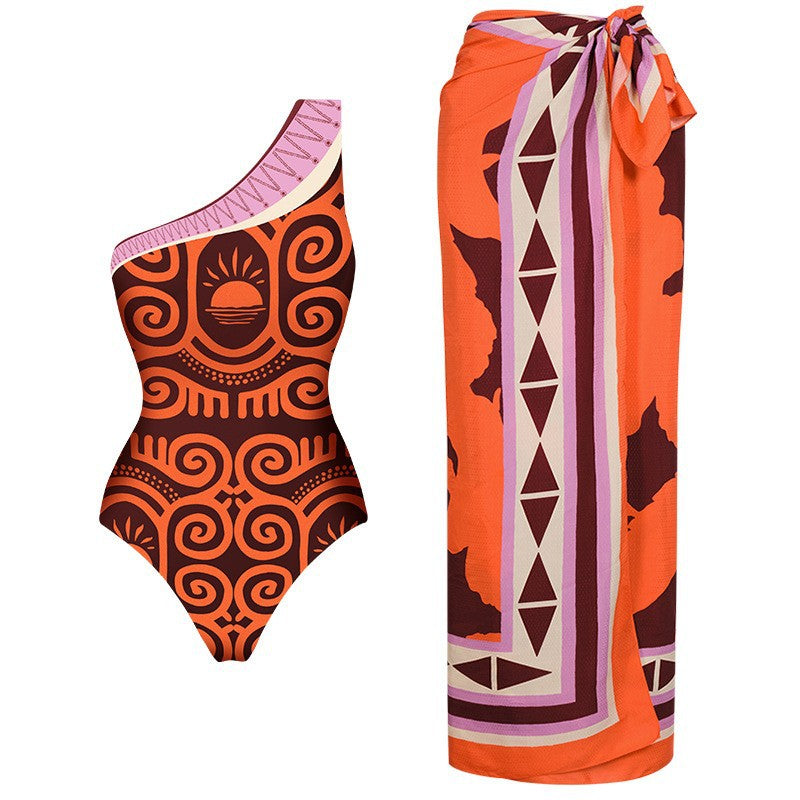 One-Shoulder Ethnic Print Swimsuit Suit