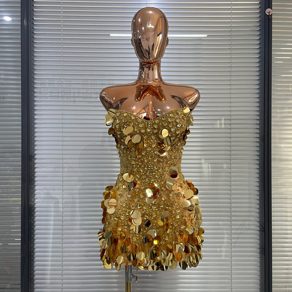 Women’s Gold Glitter Rhinestone Corset Mini Dress – Sexy Party & Showwear