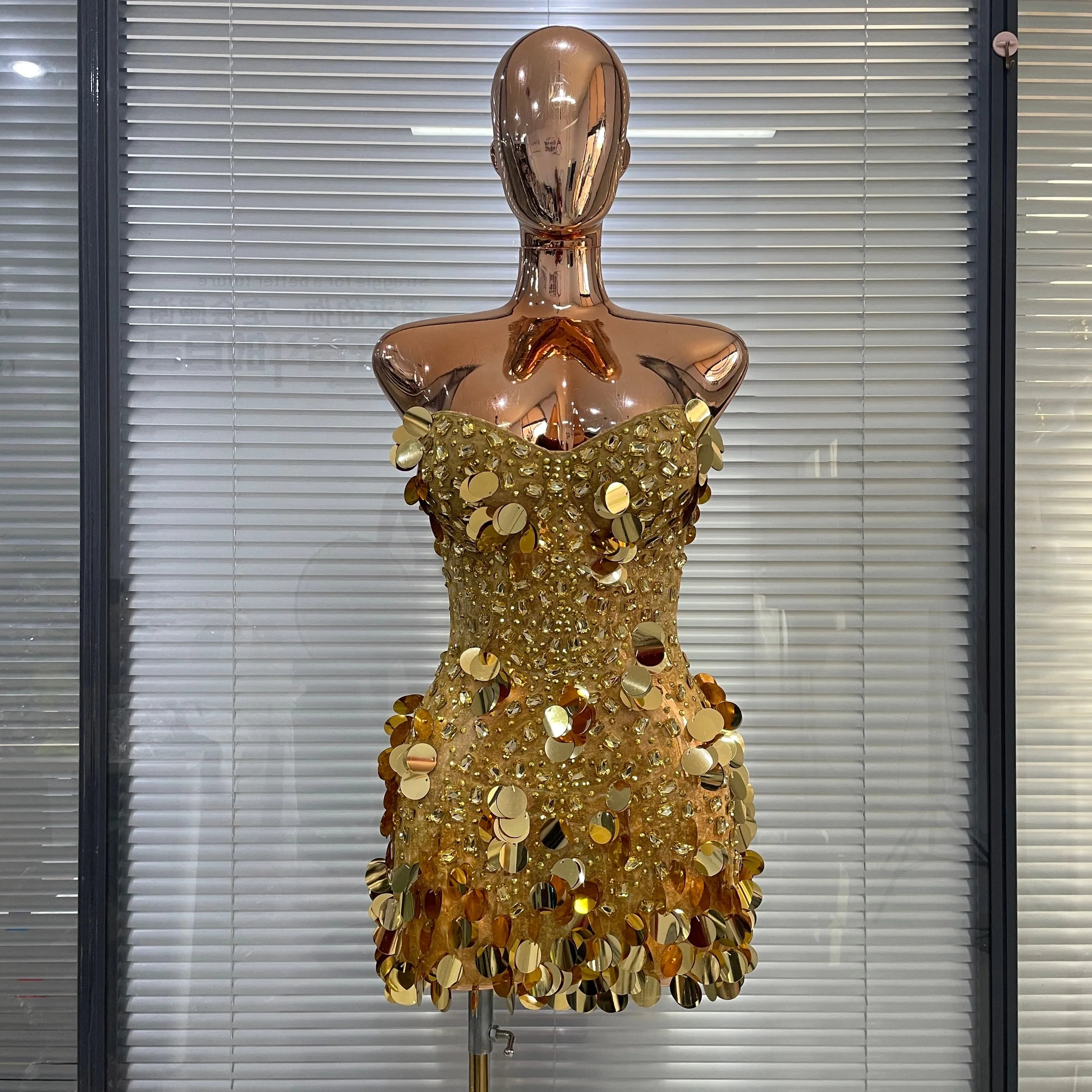 Women’s Gold Glitter Rhinestone Corset Mini Dress – Sexy Party & Showwear