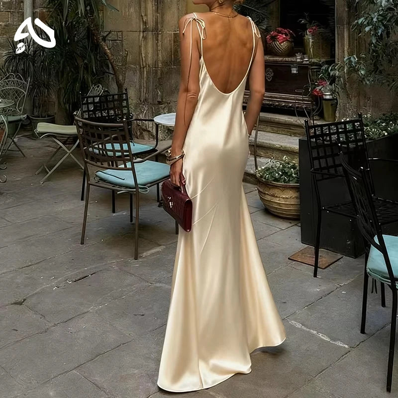 Champagne Satin Backless Evening Gown