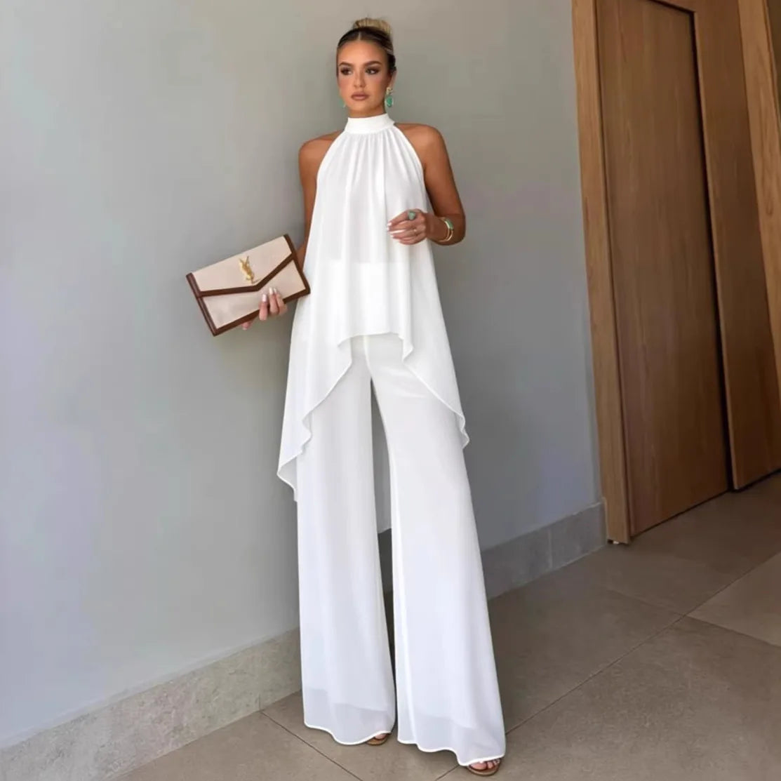 Women Summer Pants Suit: Asymmetrical Sleeveless 2-Piece Set