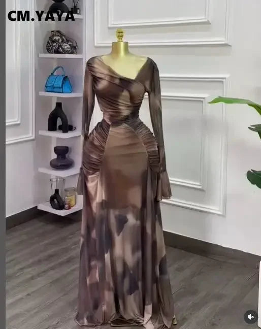 Tie-Dye Skew Neck Flare Sleeve Maxi Dress