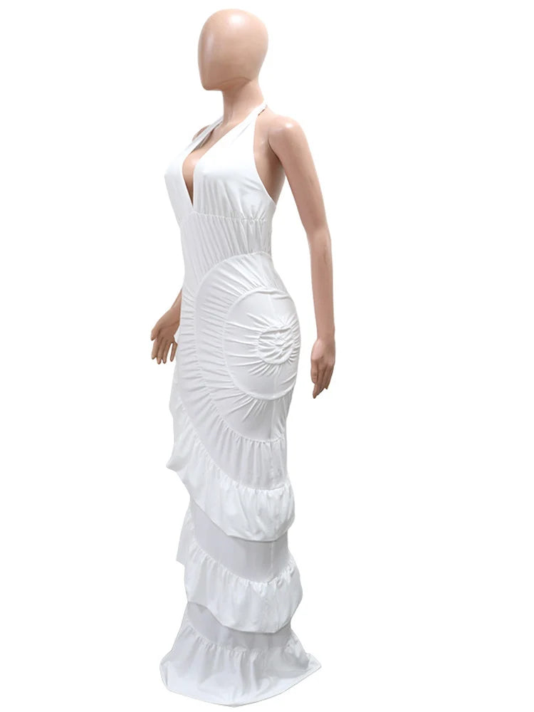 Halter V-Neck Ruched Mermaid Maxi Dress