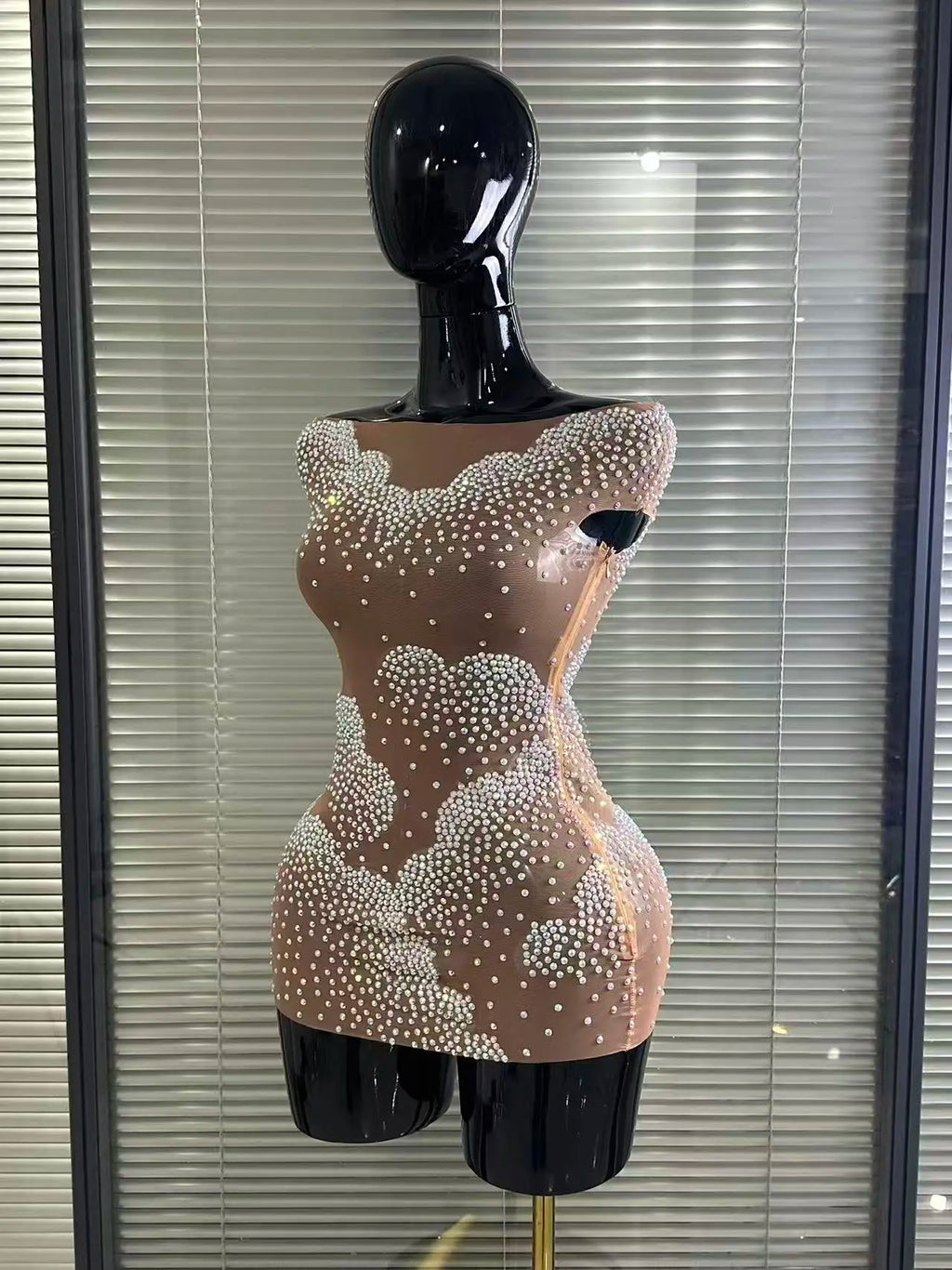 Sparkly Rhinestone Sheer Off-Shoulder Bodycon Mini Dress – Party & Stagewear
