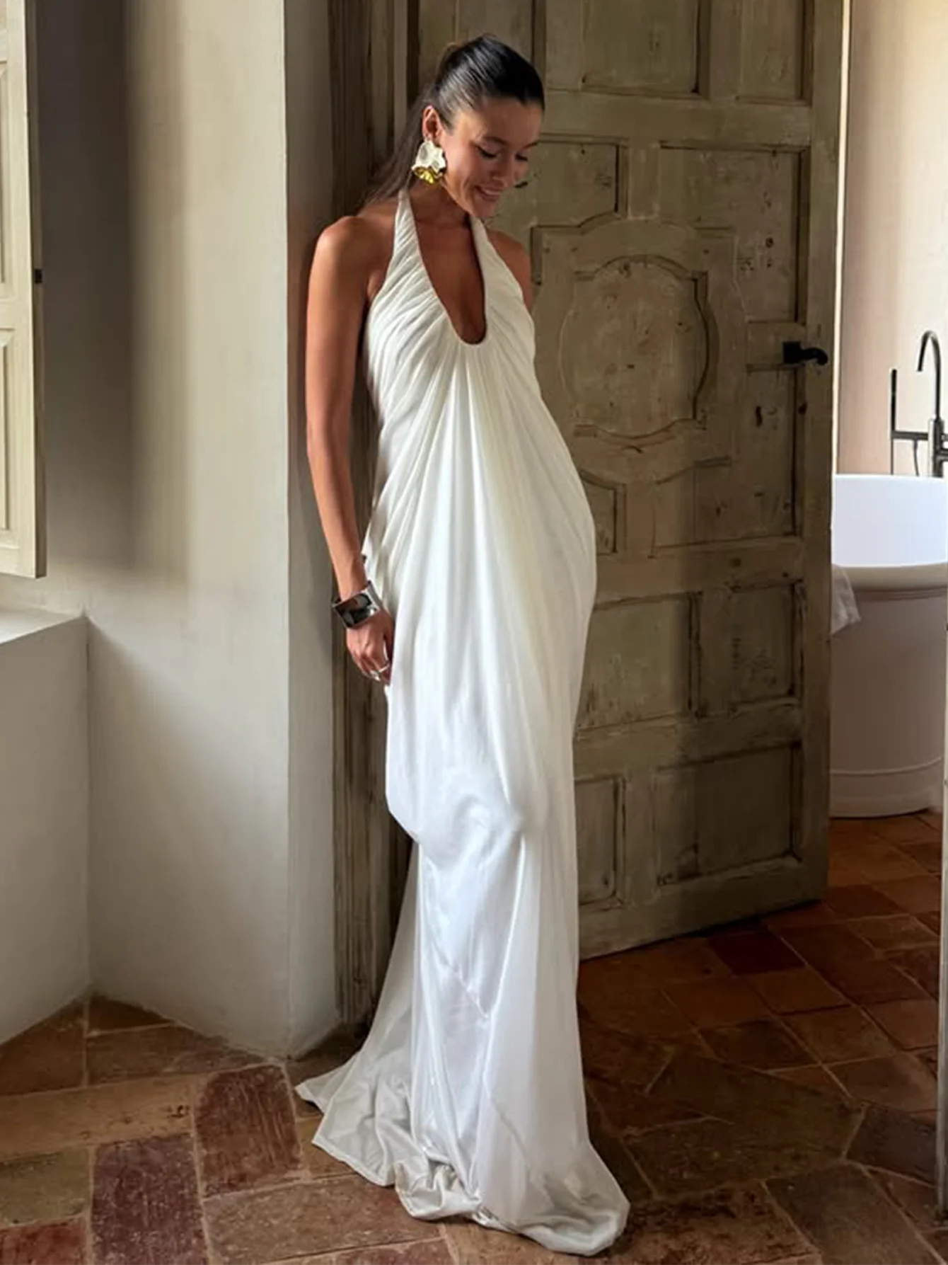 Hugcitar Halter Ruched Backless Sexy Maxi Dress