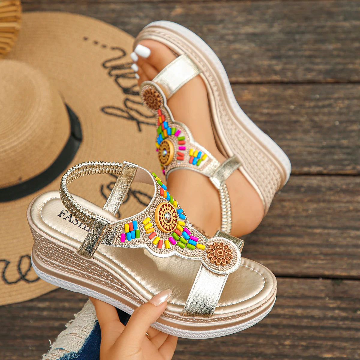 Ronbin Barde Bohemian Bead Wedge Summer Sandals