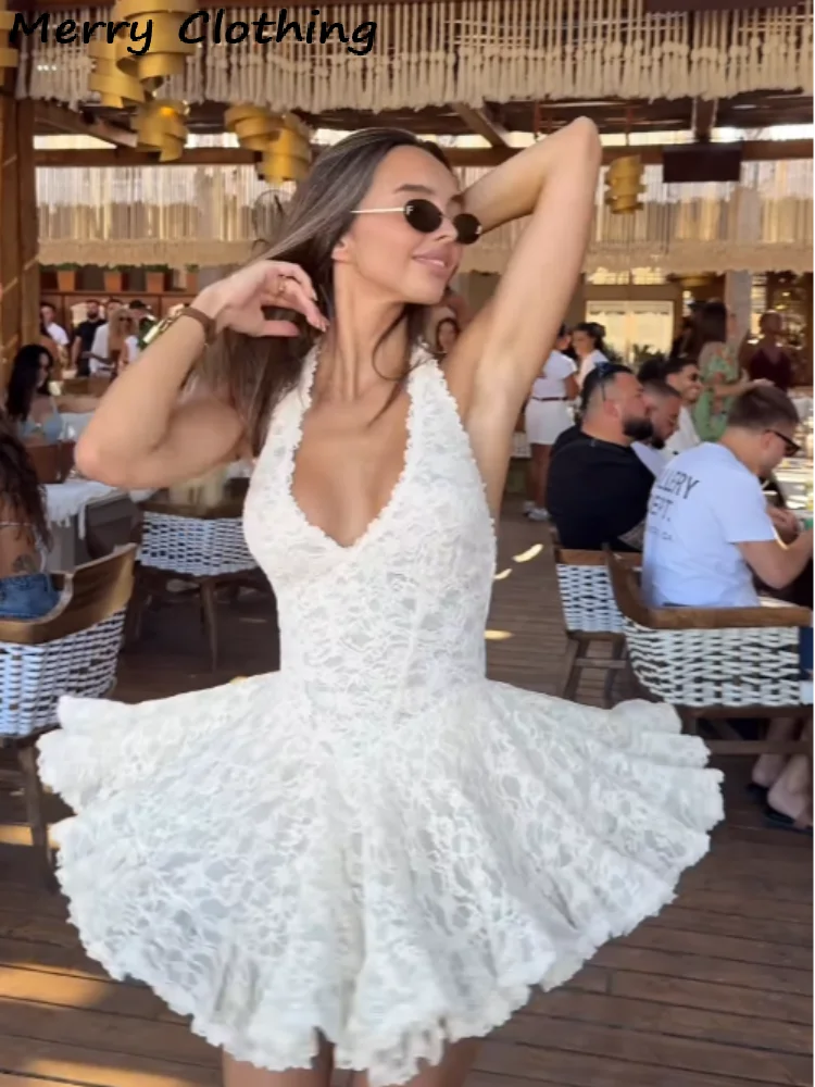 V-Neck Halter Lace Mini Dress