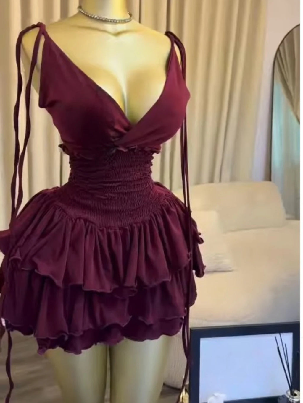 V-Neck Ruched Tiered Ruffle Mini Dress