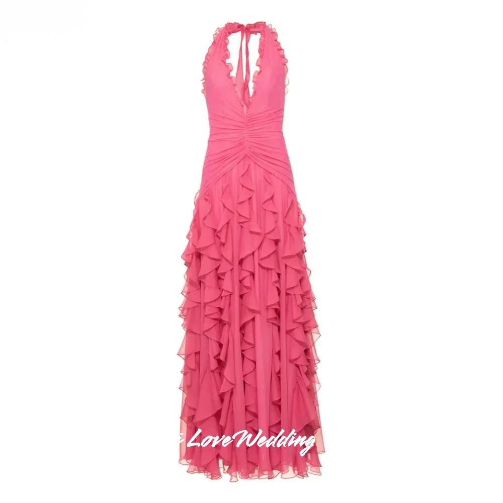 Pink Halter Chiffon Split Prom Dress