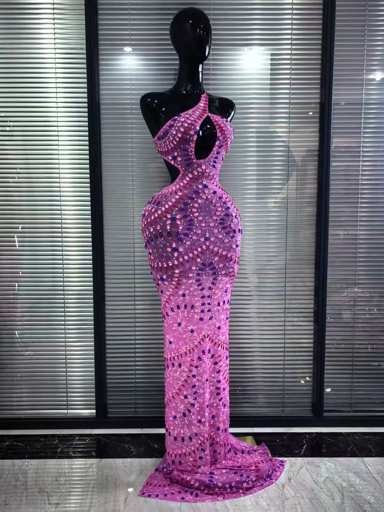 Pink Halter Backless Mesh Mermaid Dress