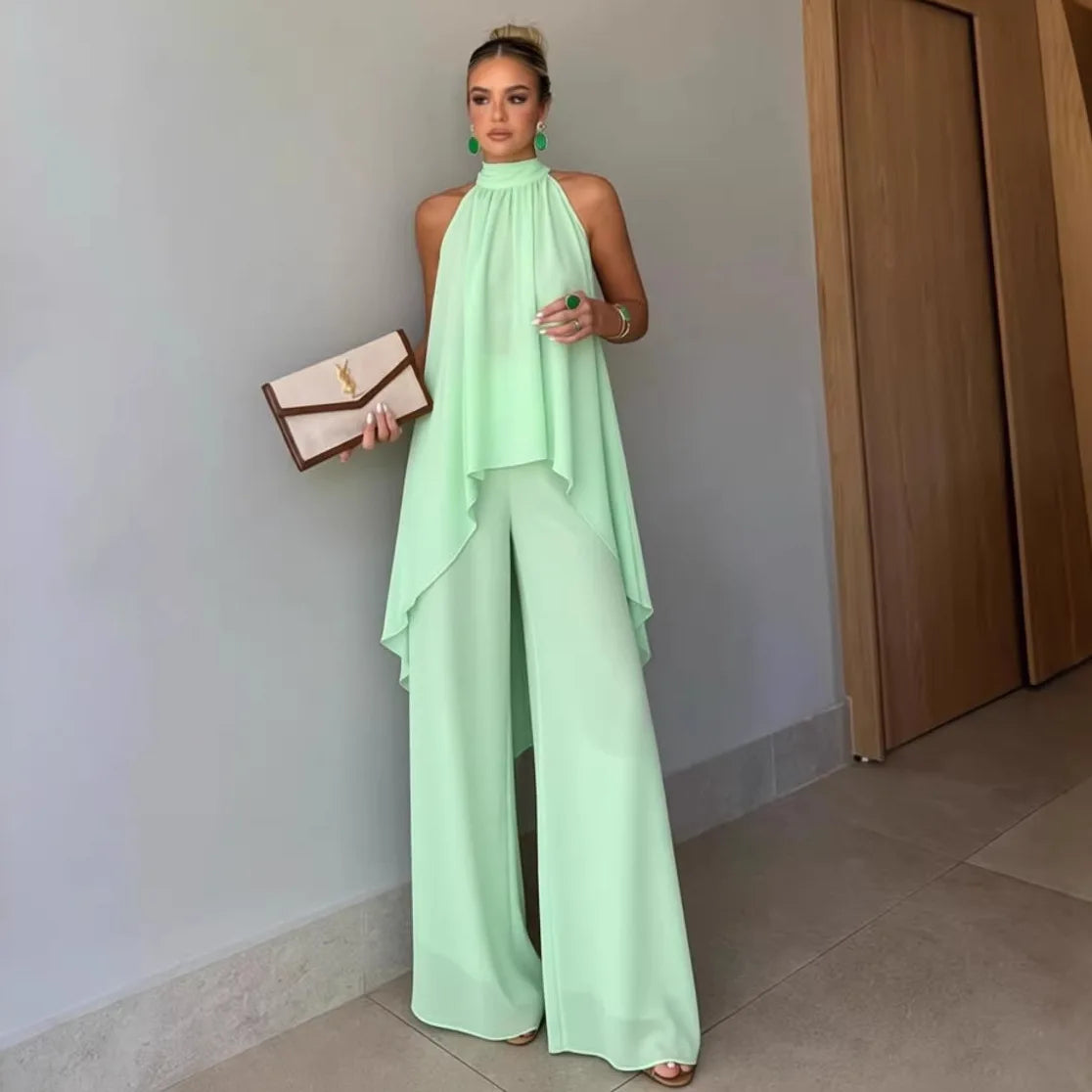 Women Summer Pants Suit: Asymmetrical Sleeveless 2-Piece Set
