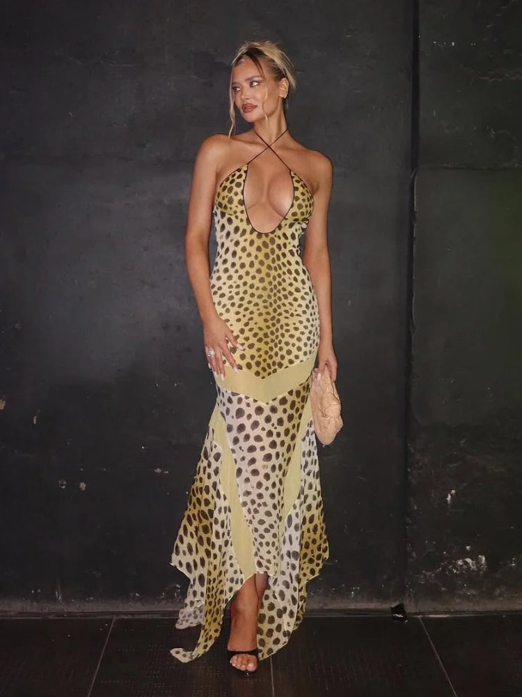 Leopard Print Halter Mermaid Maxi Dress