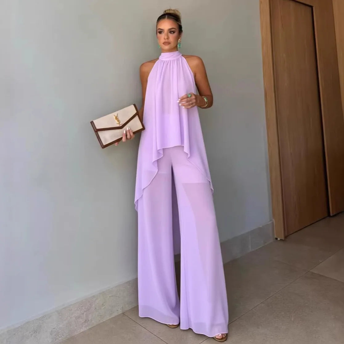 Women Summer Pants Suit: Asymmetrical Sleeveless 2-Piece Set