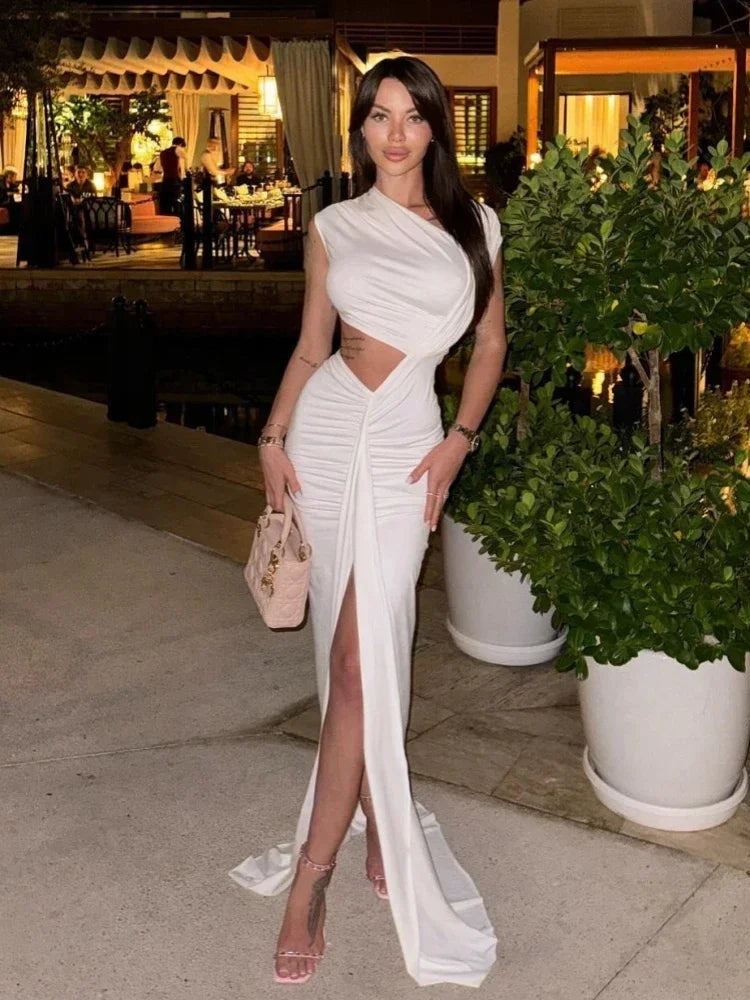 White Asymmetrical Ruched Bodycon Maxi Dress