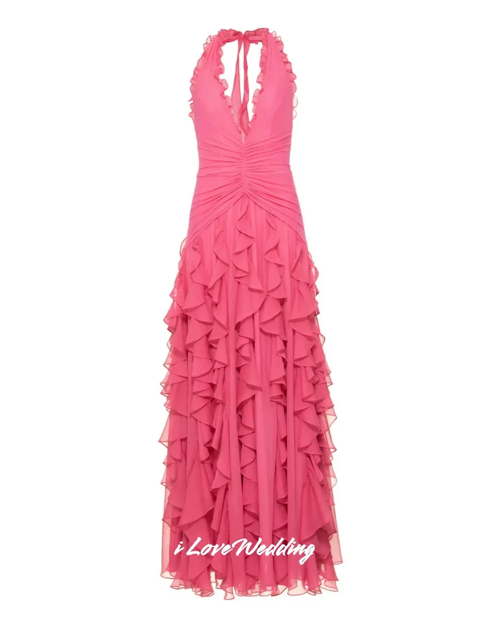 Pink Halter Chiffon Split Prom Dress