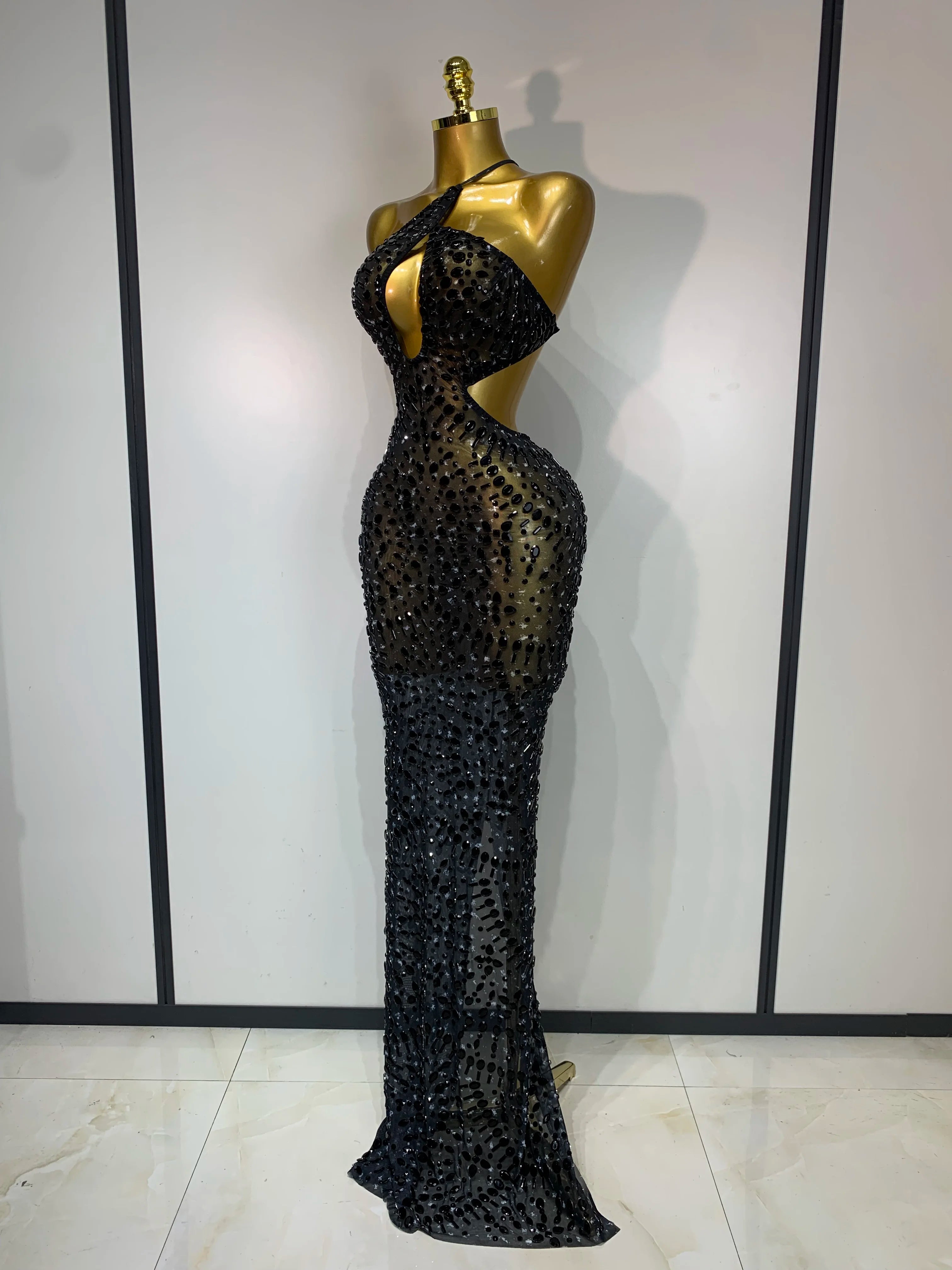 Sparkly Rhinestone Backless Bodycon Maxi Dress