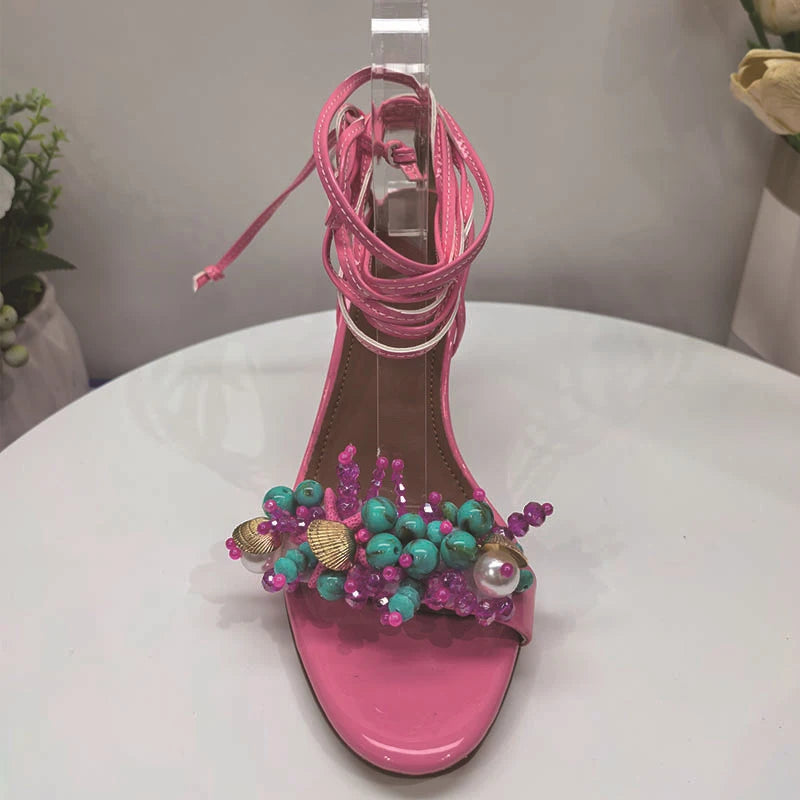 Starfish & Pearl Beaded Lace-Up Sandals