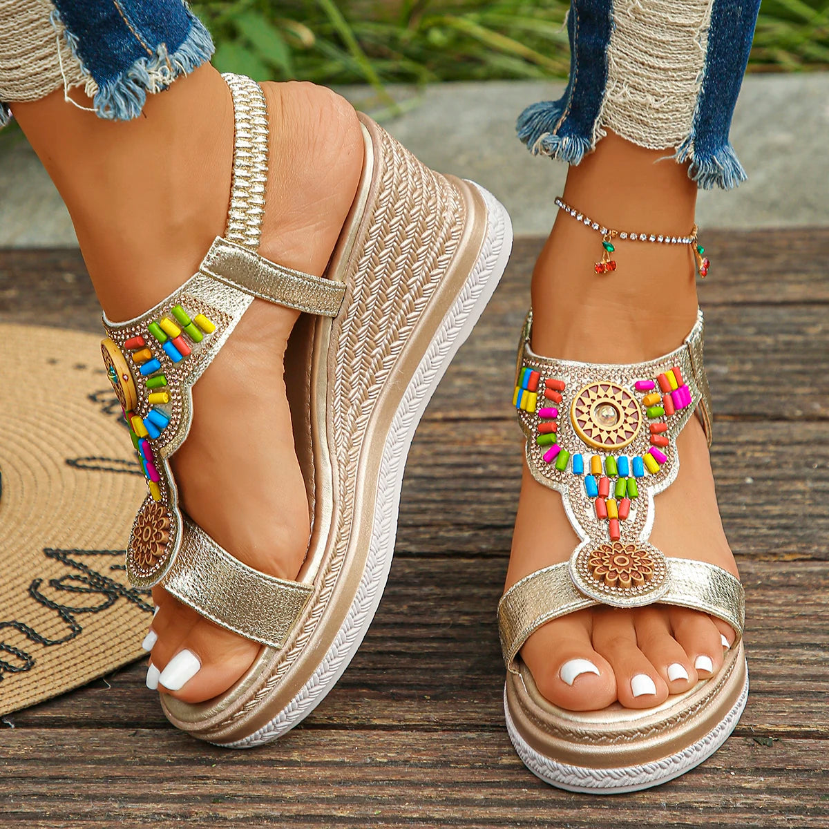 Ronbin Barde Bohemian Bead Wedge Summer Sandals