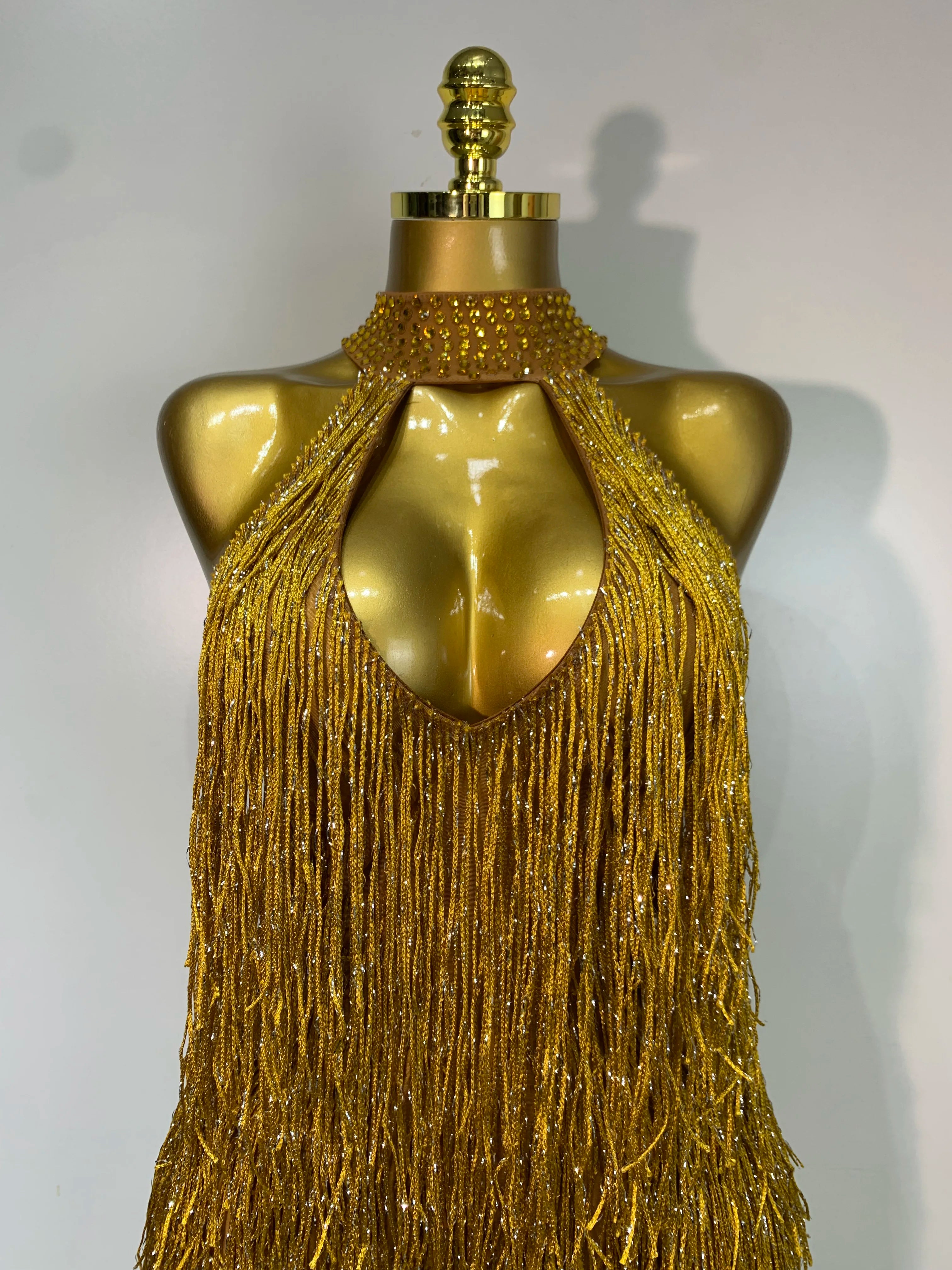 Sexy Gold Crystal Tassel Evening Prom Gown