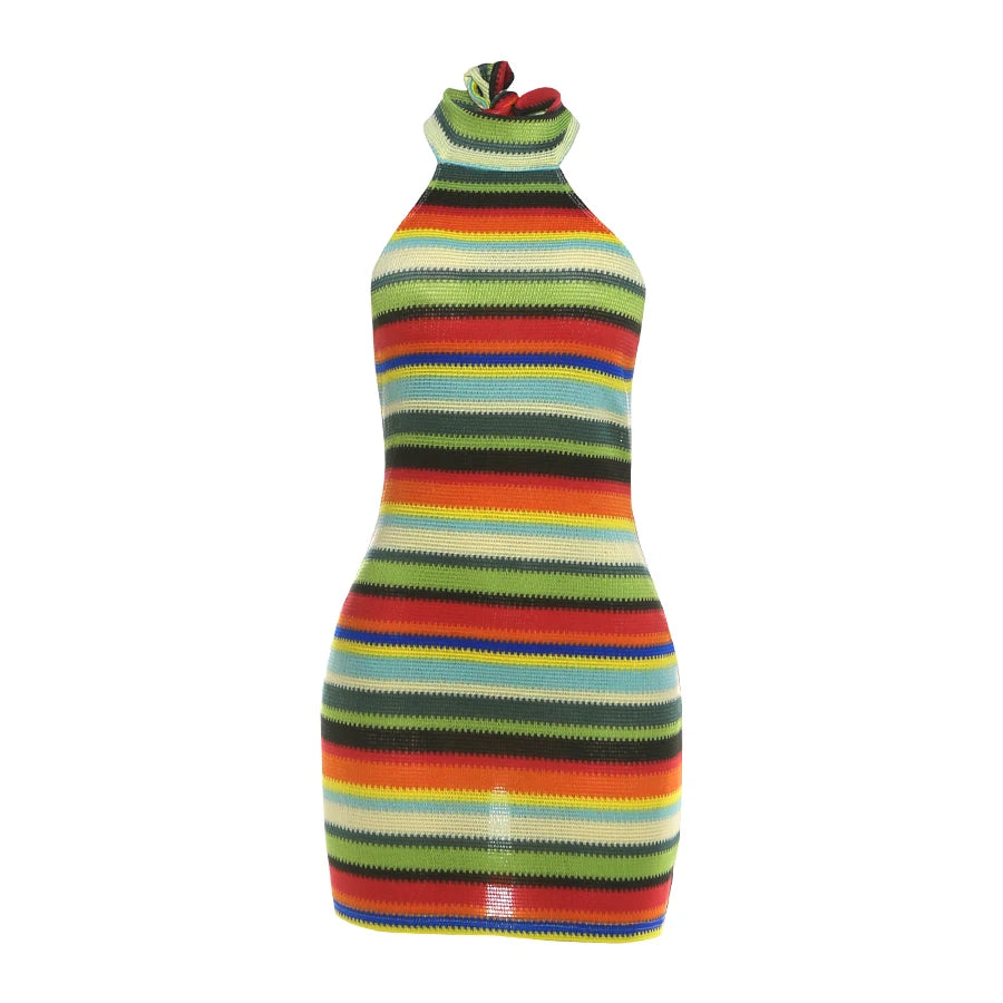 Stripe Patchwork Halter Mini Dress