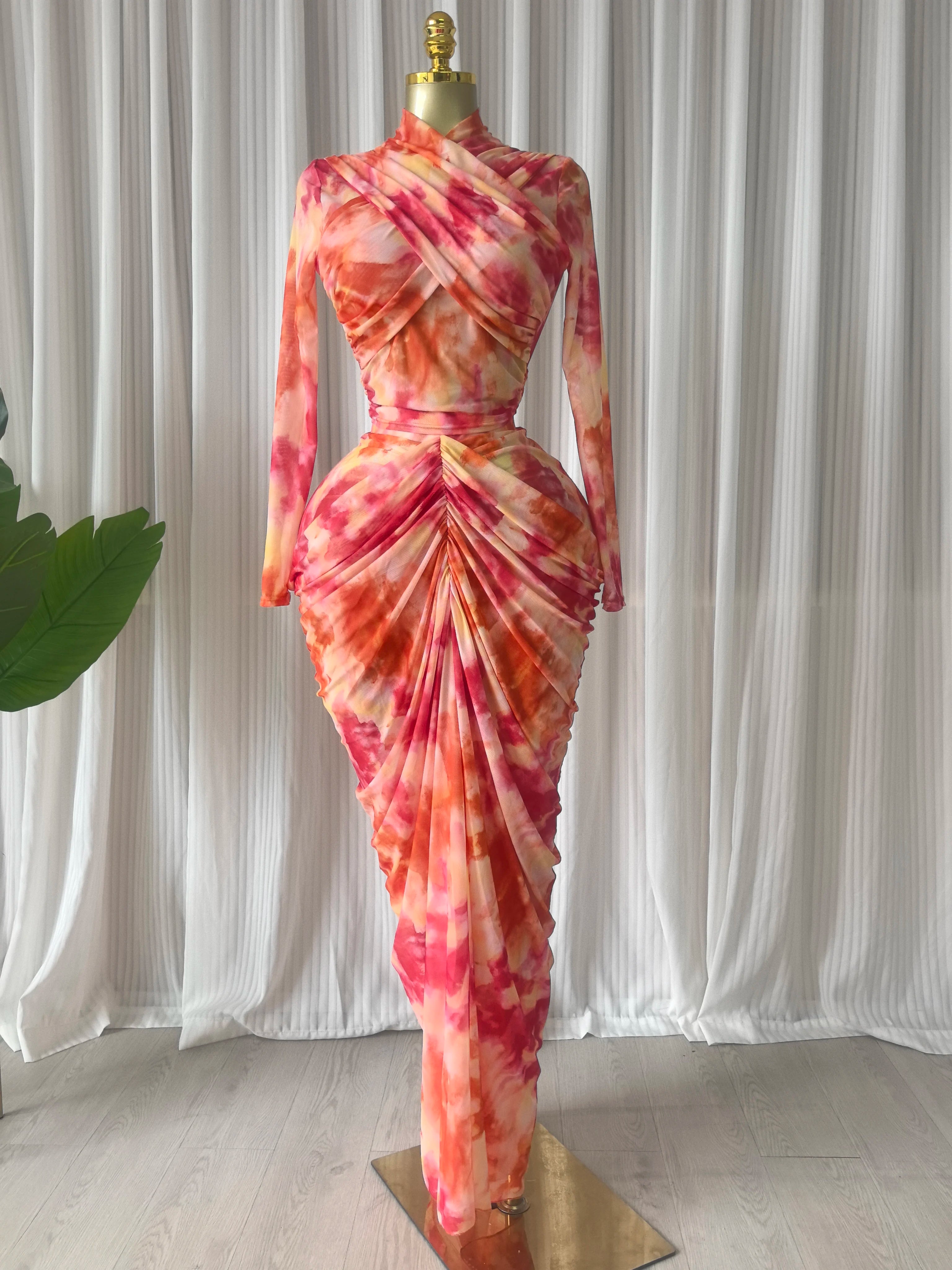 Tie-Dye Crop Top & Ruched Maxi Skirt Set