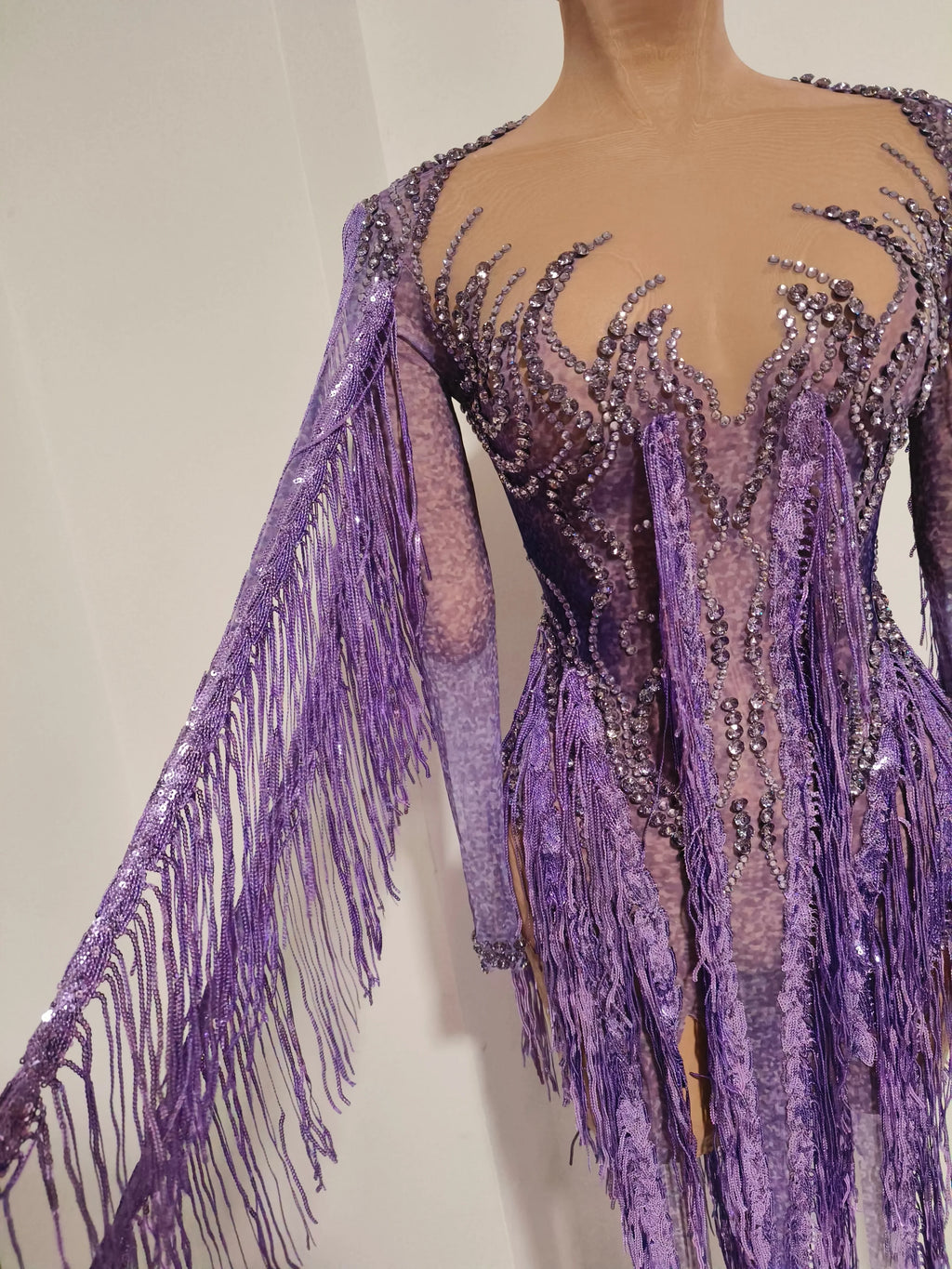 Women’s Purple Rhinestone Tassel Sheer Mesh Dress – Long Sleeve Party & Stagewear