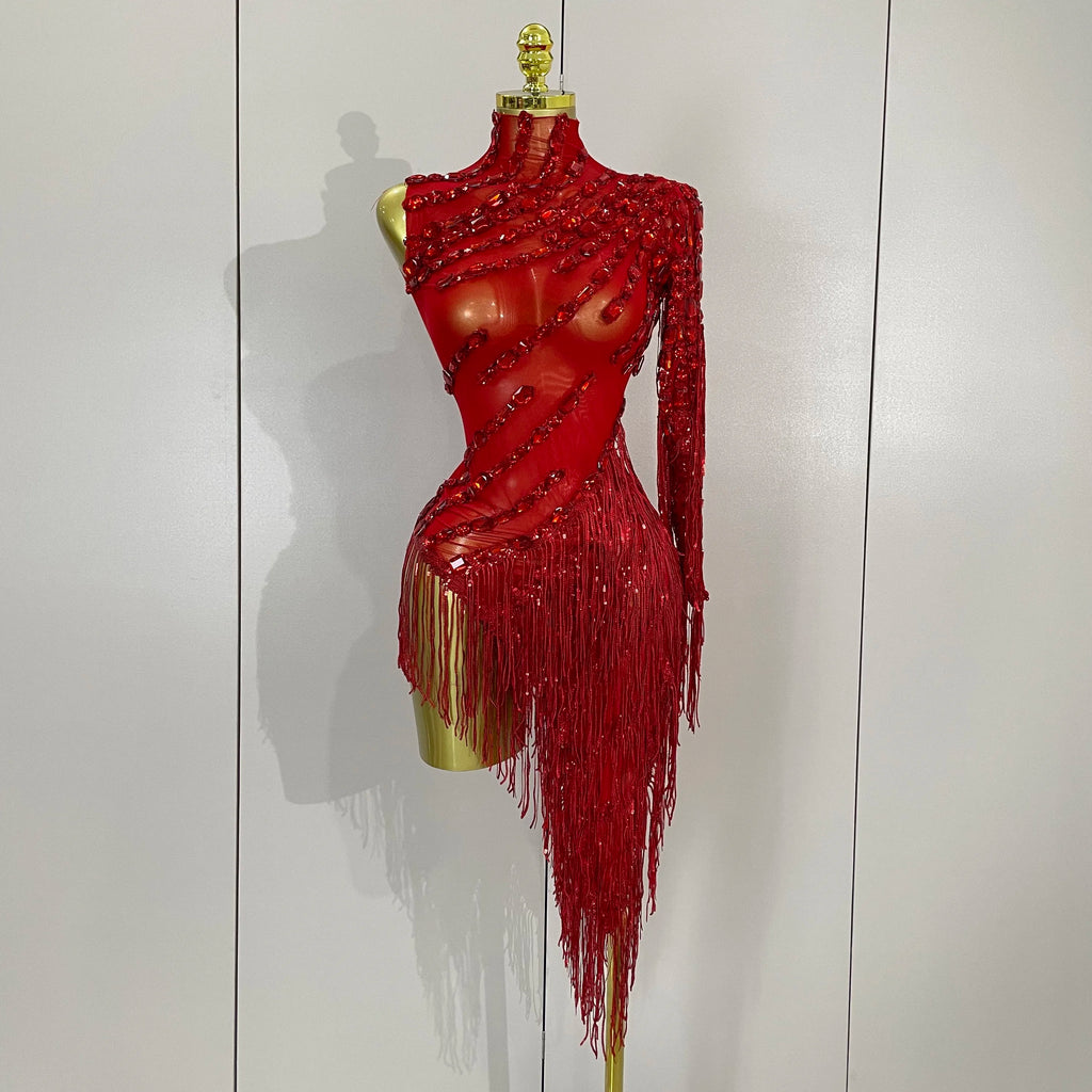 Sparkly One-Shoulder Rhinestone Tassel Latin Dress
