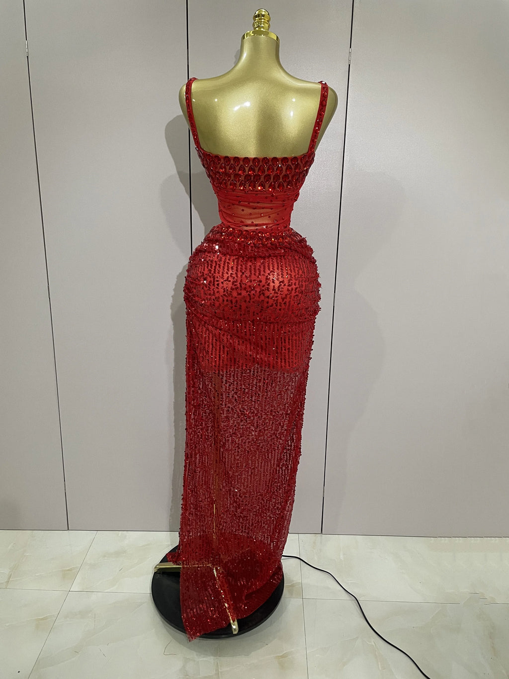 Sparkly Red Rhinestone & Sequin 2-Piece Sheer Long Dress – Women’s Party & Stagewear