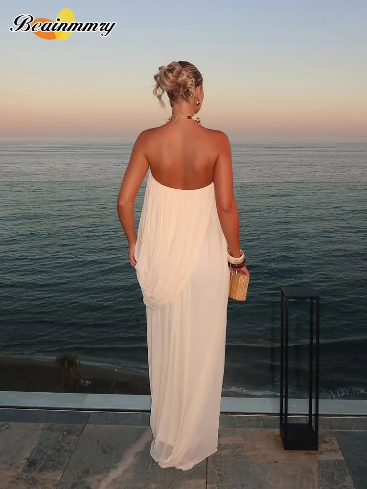 Elegant Yellow Strapless Pleated Maxi Dress