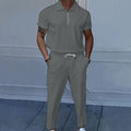 Solid Lapel Short Sleeve Zipper Suit