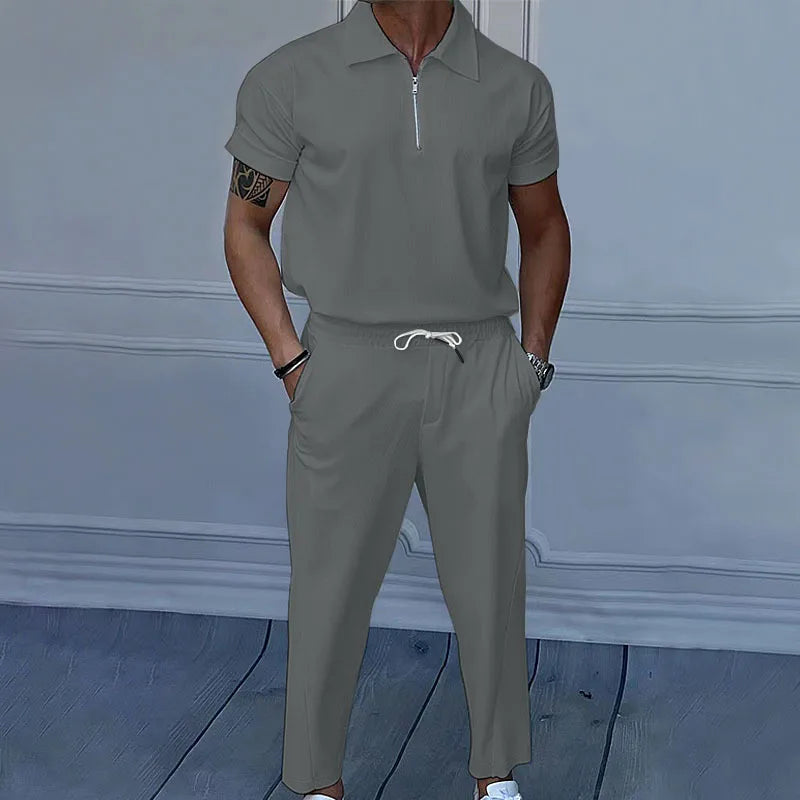 Solid Lapel Short Sleeve Zipper Suit