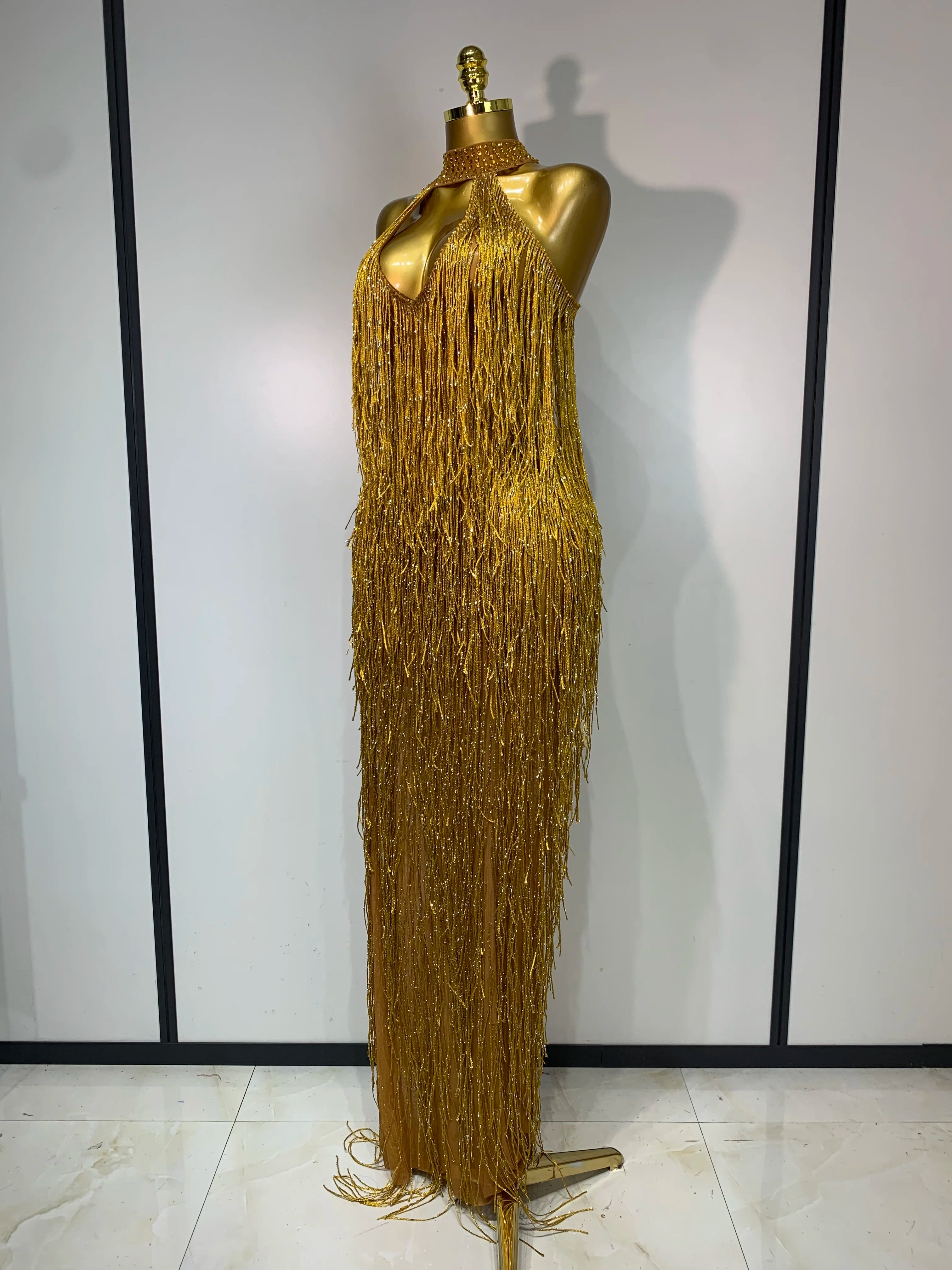 Sexy Gold Crystal Tassel Evening Prom Gown