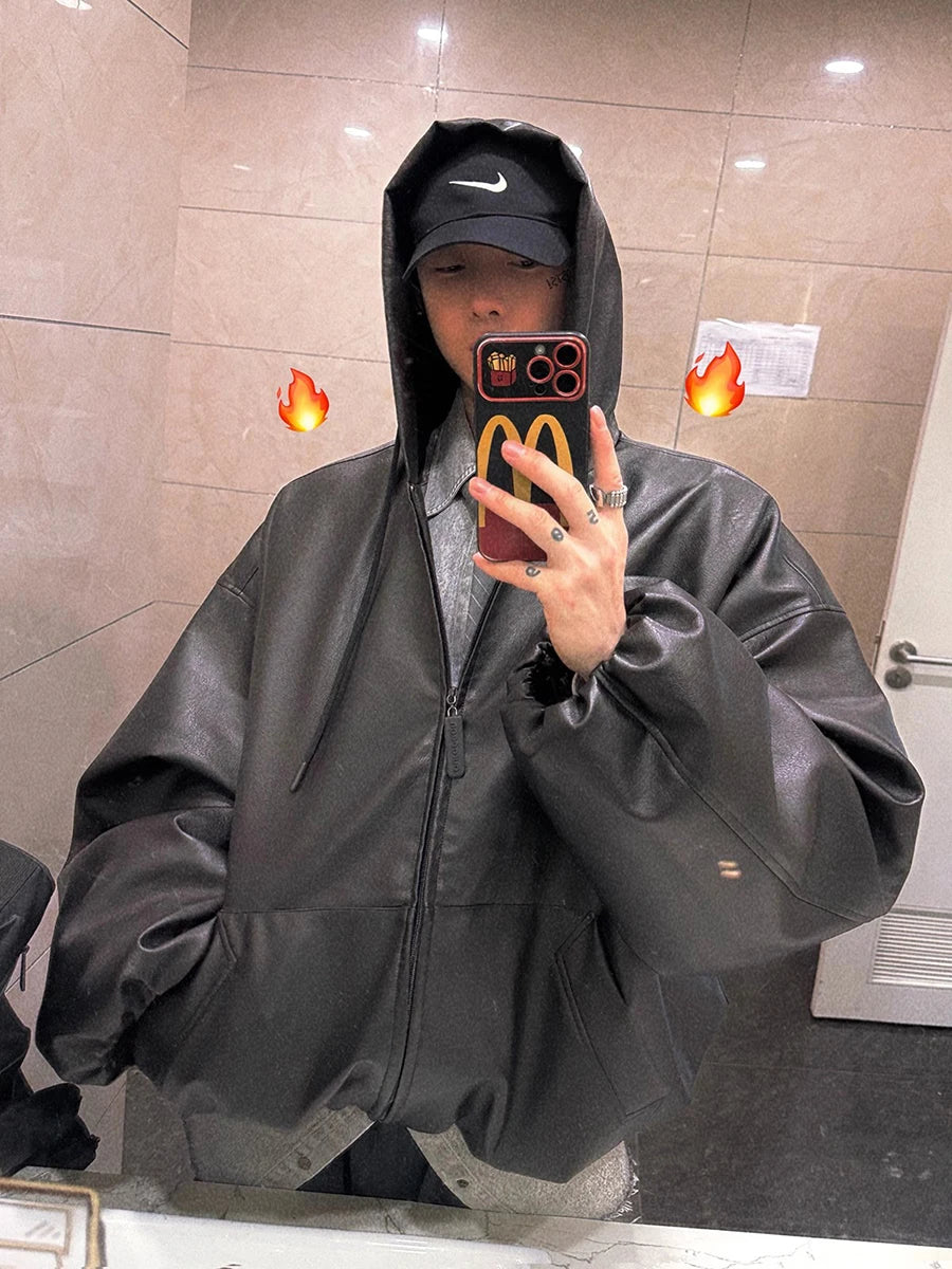 Mauroicardi Oversized Black PU Hooded Jacket