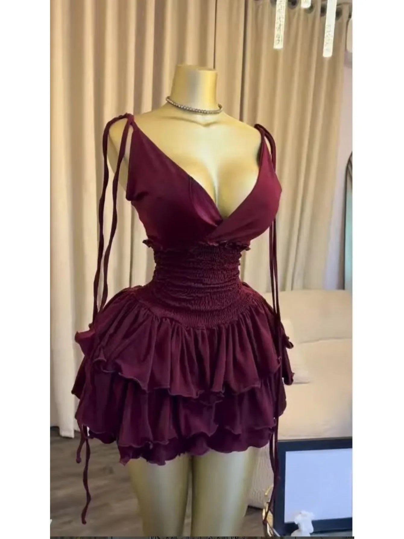 V-Neck Ruched Tiered Ruffle Mini Dress