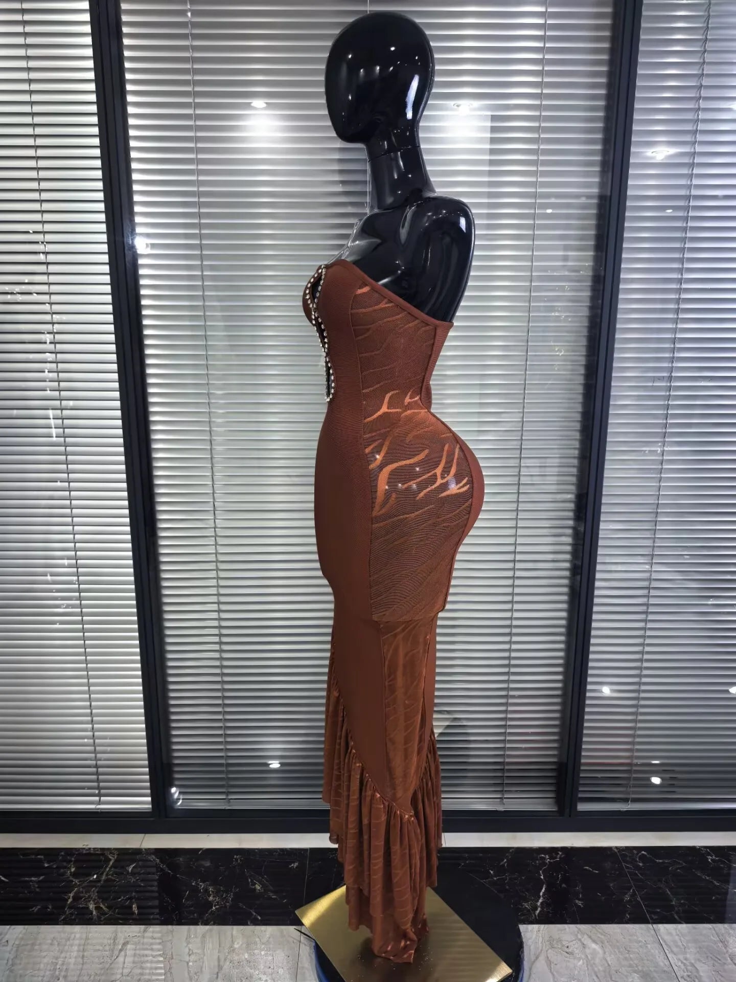 Brown Strapless Shining Diamond Bodycon Bandage Dress