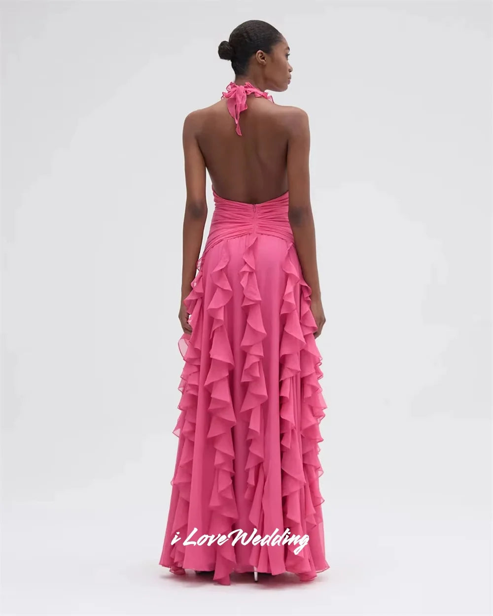 Pink Halter Chiffon Split Prom Dress