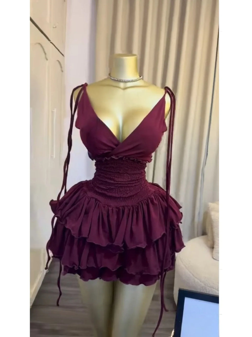 V-Neck Ruched Tiered Ruffle Mini Dress